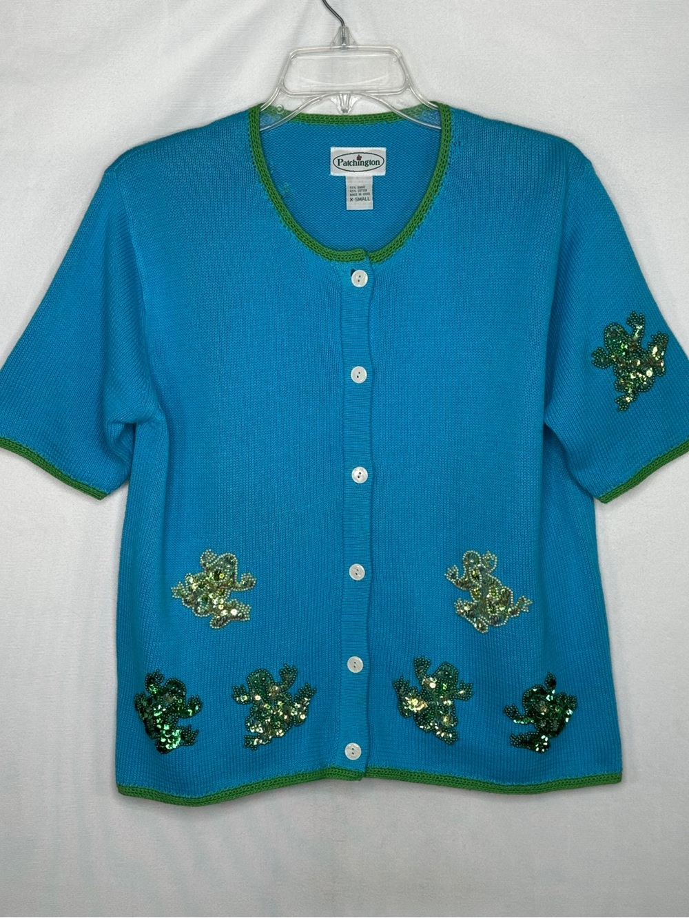 Patchington Blue Short-Sleeve Button Cardigan with Green Sequin Frog Motifs Sz M